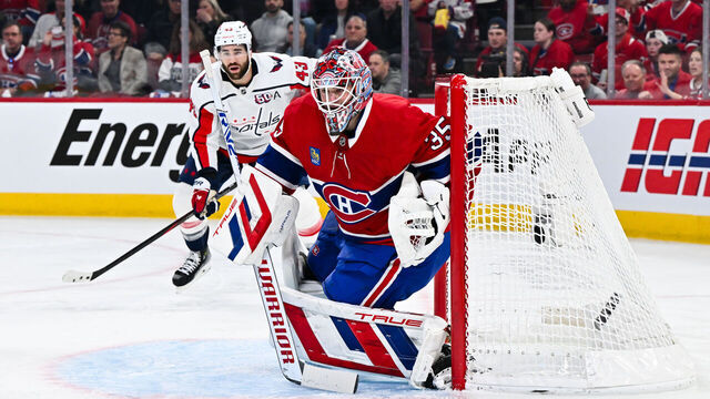 MONTREAL, CANADA - APRIL 25: Sam Montembeault #35 of the Montreal Canadiens tends net during the first period against the Washington Capitals in Game Three of the First Round of the 2025 Stanley Cup Playoffs at the Bell Centre on April 25, 2025 in Montreal, Quebec, Canada. The Montreal Canadiens defeated the Washington Capitals 6-3.