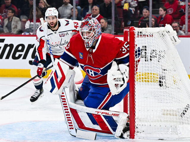 MONTREAL, CANADA - APRIL 25: Sam Montembeault #35 of the Montreal Canadiens tends net during the first period against the Washington Capitals in Game Three of the First Round of the 2025 Stanley Cup Playoffs at the Bell Centre on April 25, 2025 in Montreal, Quebec, Canada. The Montreal Canadiens defeated the Washington Capitals 6-3.