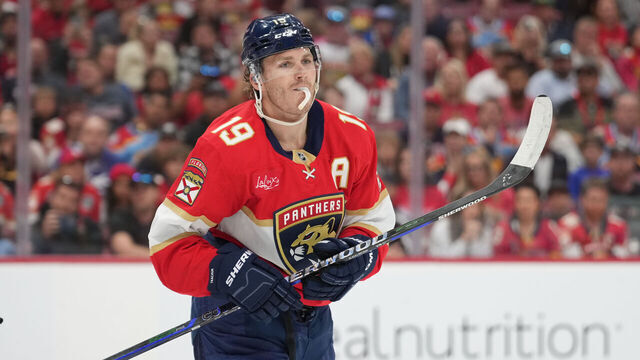 SUNRISE, FL - APRIL 26: Florida Panthers left wing Matthew Tkachuk (19) skates tot the bench in the second period during the Stanley Cup Playoffs First Round game between the Tampa Bay Lightning and the Florida Panthers on Saturday, April 26, 2025 at Amerant Bank Arena in Sunrise, FL.