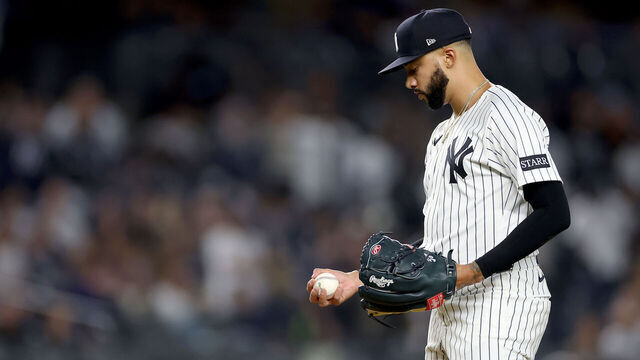 NEW YORK, NEW YORK - APRIL 25: Devin Williams #38 of the New York Yankees reacts in the ninth inning against the Toronto Blue Jays at Yankee Stadium on April 25, 2025 in the Bronx borough of New York City. The Toronto Blue Jays defeated the New York Yankees 4-2.