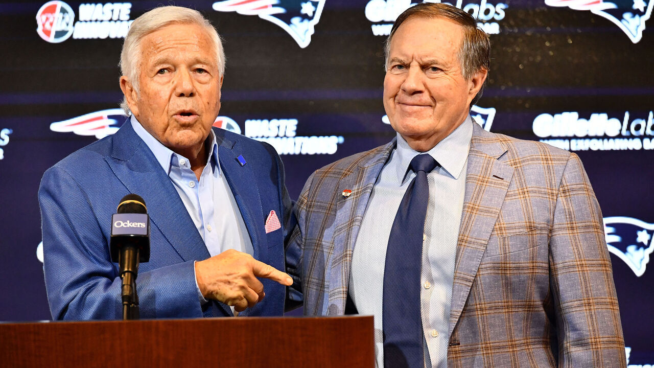 New England Patriots head coach Bill Belichick (R) and Patriots owner Robert Kraft speak to reporters where Belichick announced he is leaving the team during a press conference at Gillette Stadium in Foxborough, Massachusetts, on January 11, 2024. Belichick, the NFL mastermind who has guided the New England Patriots to a record six Super Bowl titles as head coach, is parting ways with the team after 24 seasons.