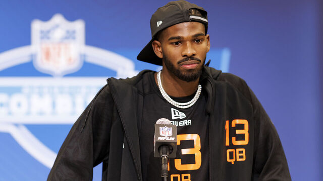 INDIANAPOLIS, INDIANA - FEBRUARY 28: Shedeur Sanders #QB13 of Colorado speaks at the podium during the 2025 NFL Combine at the Indiana Convention Center on February 28, 2025 in Indianapolis, Indiana.