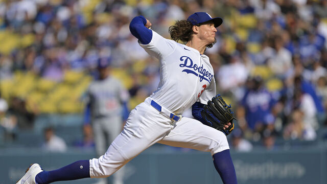 LOS ANGELES, CALIFORNIA - APRIL 13: Tyler Glasnow #31 of the Los Angeles Dodgers delivers to the plate in the first inning against the Chicago Cubs at Dodger Stadium on April 13, 2025 in Los Angeles, California.