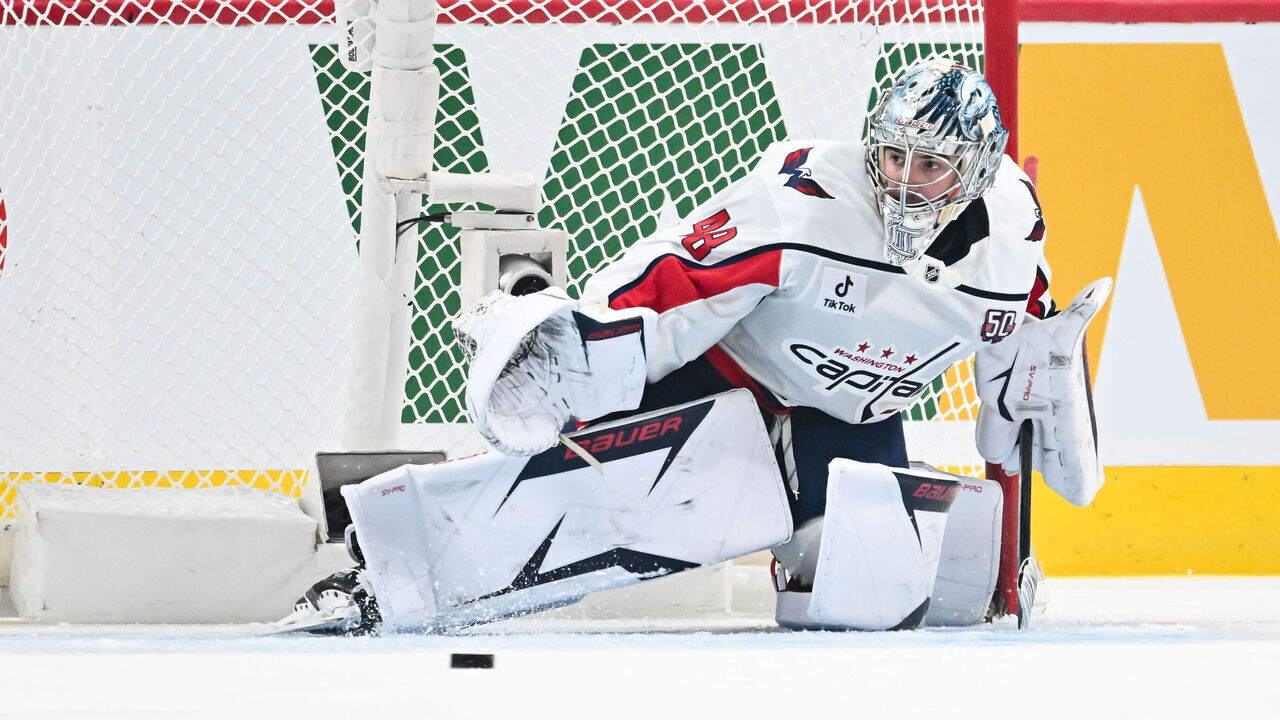 MONTREAL, CANADA - APRIL 25: Logan Thompson #48 of the Washington Capitals tends net during the third period against the Montreal Canadiens in Game Three of the First Round of the 2025 Stanley Cup Playoffs at the Bell Centre on April 25, 2025 in Montreal, Quebec, Canada. The Montreal Canadiens defeated the Washington Capitals 6-3.
