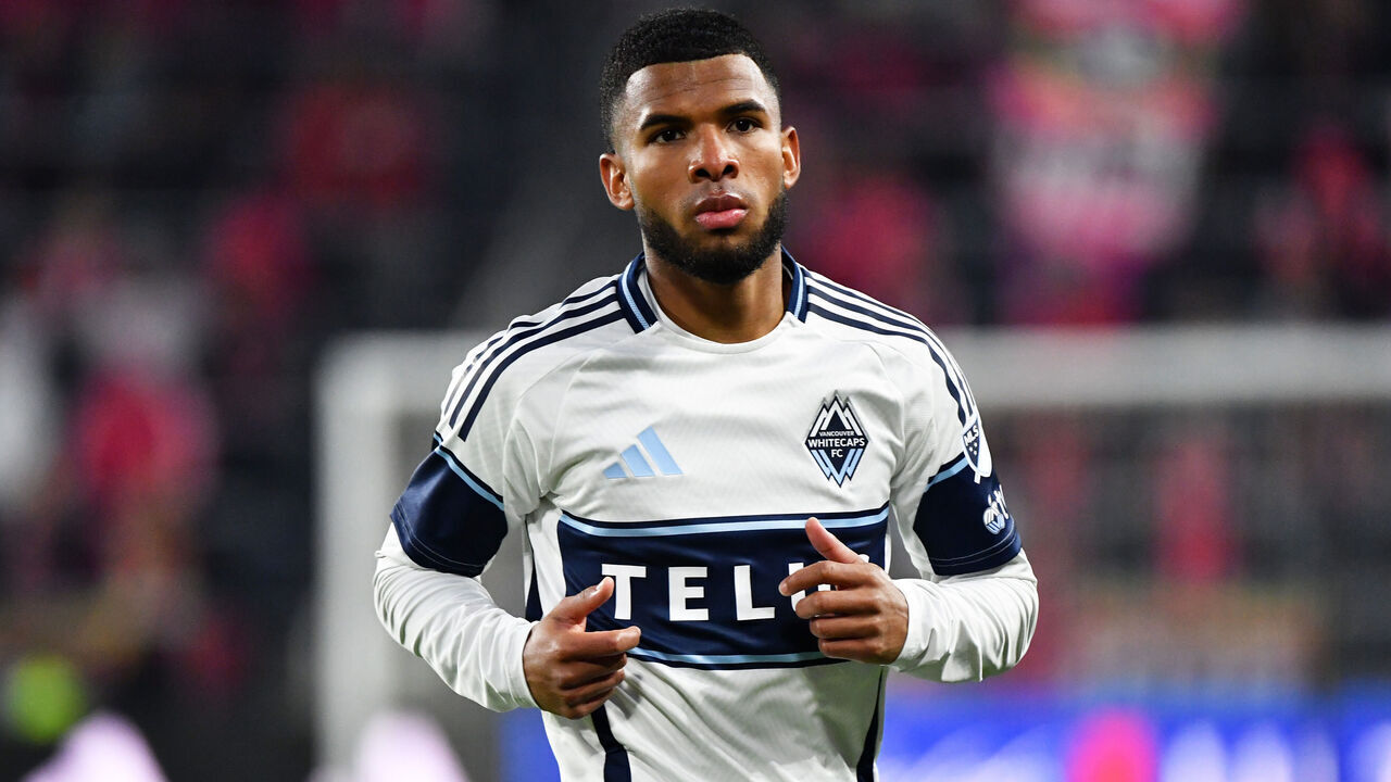 ST LOUIS, MISSOURI - APRIL 19:Pedro Vite #45 of Vancouver Whitecaps FC looks on during a MLS game between St. Louis City SC and Vancouver Whitecaps FC at Energizer Park on April 19, 2025 in St Louis, Missouri.