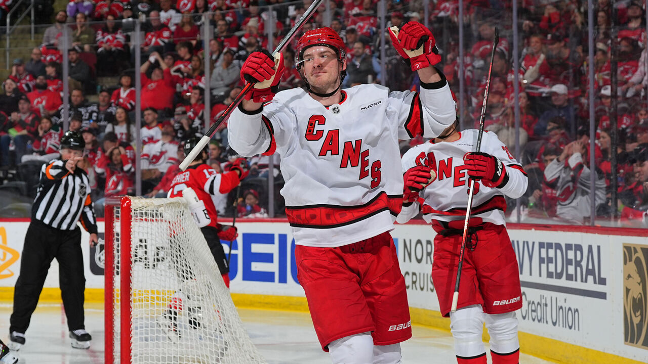 NEWARK, NJ - APRIL 27: Andrei Svechnikov #37 of the Carolina Hurricanes celebrates his goal during the second period of Game Four of the First Round of the 2025 Stanley Cup Playoffs against New Jersey Devils at Prudential Center on April 27, 2025 in Newark, New Jersey.