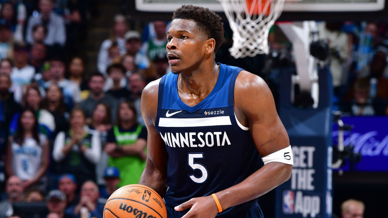 MINNEAPOLIS, MN - APRIL 27: Anthony Edwards #5 of the Minnesota Timberwolves looks to pass the ball during the game against the Los Angeles Lakers during Round 1 Game 4 of the 2025 NBA Playoffs on April 27, 2025 at Target Center in Minneapolis, Minnesota. Mandatory Copyright Notice: Copyright 2025 NBAE