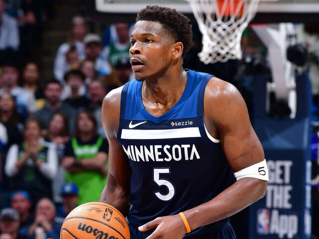 MINNEAPOLIS, MN - APRIL 27: Anthony Edwards #5 of the Minnesota Timberwolves looks to pass the ball during the game against the Los Angeles Lakers during Round 1 Game 4 of the 2025 NBA Playoffs on April 27, 2025 at Target Center in Minneapolis, Minnesota. Mandatory Copyright Notice: Copyright 2025 NBAE