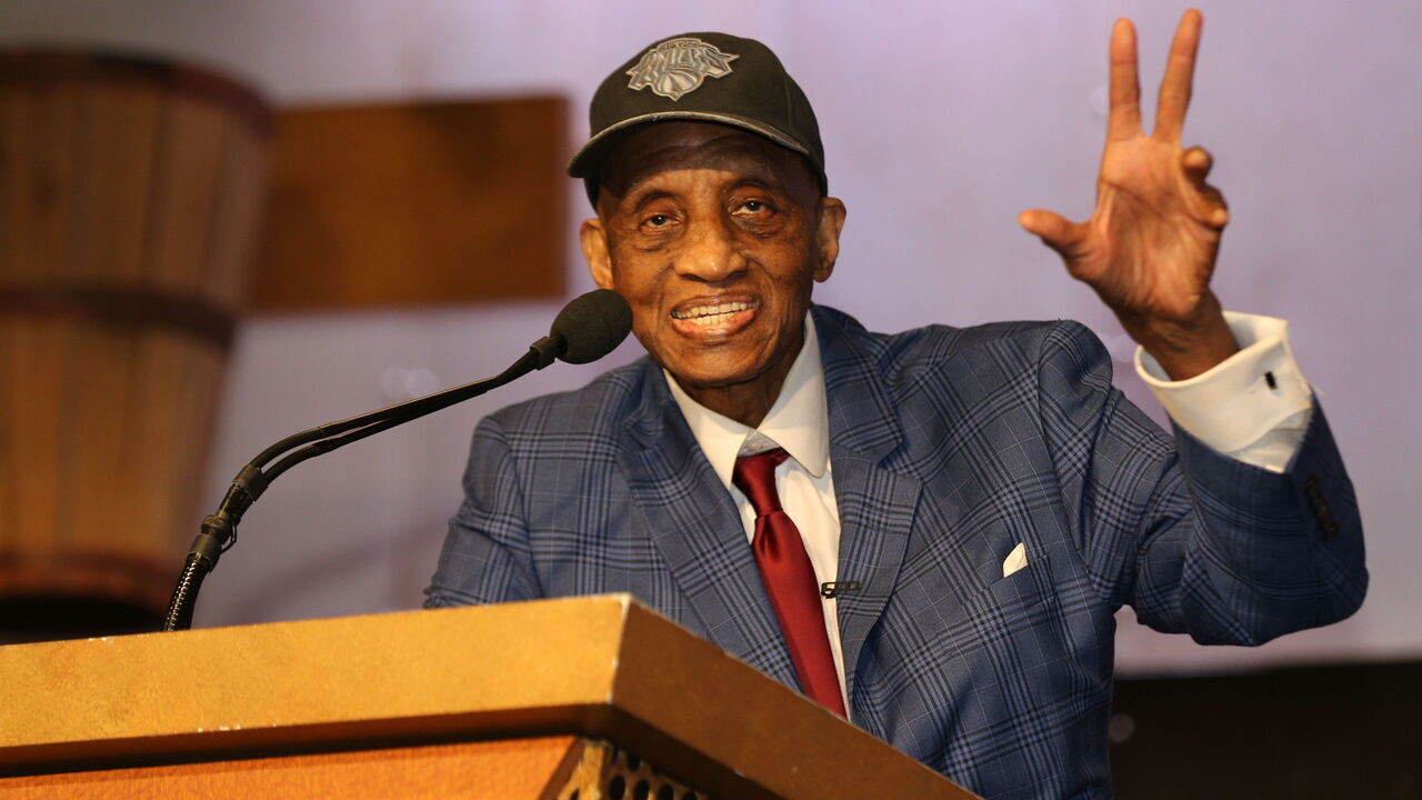 SPRINGFIELD, MA - SEPTEMBER 5: Hall of Fame Inductee Dick Barnett speaks on behalf of Tennessee A&I during the Class of 2019 Press Event as part of the 2019 Basketball Hall of Fame Enshrinement Ceremony on September 5, 2019 at the Naismith Memorial Basketball Hall of Fame in Springfield, Massachusetts. NOTE TO USER: User expressly acknowledges and agrees that, by downloading and/or using this photograph, user is consenting to the terms and conditions of the Getty Images License Agreement. Mandatory Copyright Notice: Copyright 2019 NBAE