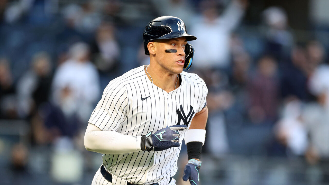 NEW YORK, NEW YORK - APRIL 27: Aaron Judge #99 of the New York Yankees runs the bases after his solo home run in the sixth inning against the Toronto Blue Jays during game two of a doubleheader at Yankee Stadium on April 27, 2025 in New York City.