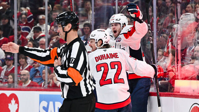 MONTREAL, CANADA - APRIL 27: Brandon Duhaime #22 of the Washington Capitals celebrates his goal with teammate Connor McMichael #24 during the third period against the Montreal Canadiens in Game Four of the First Round of the 2025 Stanley Cup Playoffs at the Bell Centre on April 27, 2025 in Montreal, Quebec, Canada.
