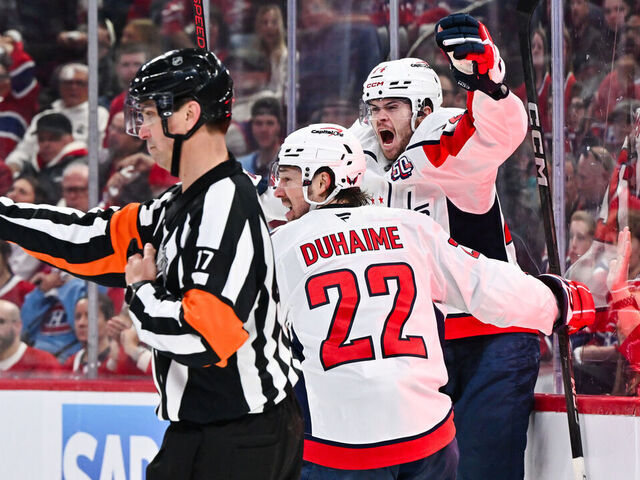 MONTREAL, CANADA - APRIL 27: Brandon Duhaime #22 of the Washington Capitals celebrates his goal with teammate Connor McMichael #24 during the third period against the Montreal Canadiens in Game Four of the First Round of the 2025 Stanley Cup Playoffs at the Bell Centre on April 27, 2025 in Montreal, Quebec, Canada.