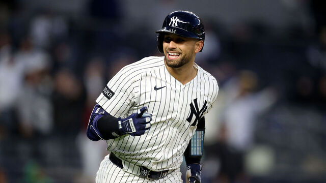 NEW YORK, NEW YORK - APRIL 27: J.C Escarra #25 of the New York Yankees celebrates his solo home run in the eighth inning against the Toronto Blue Jays during game two of a doubleheader at Yankee Stadium on April 27, 2025 in New York City.