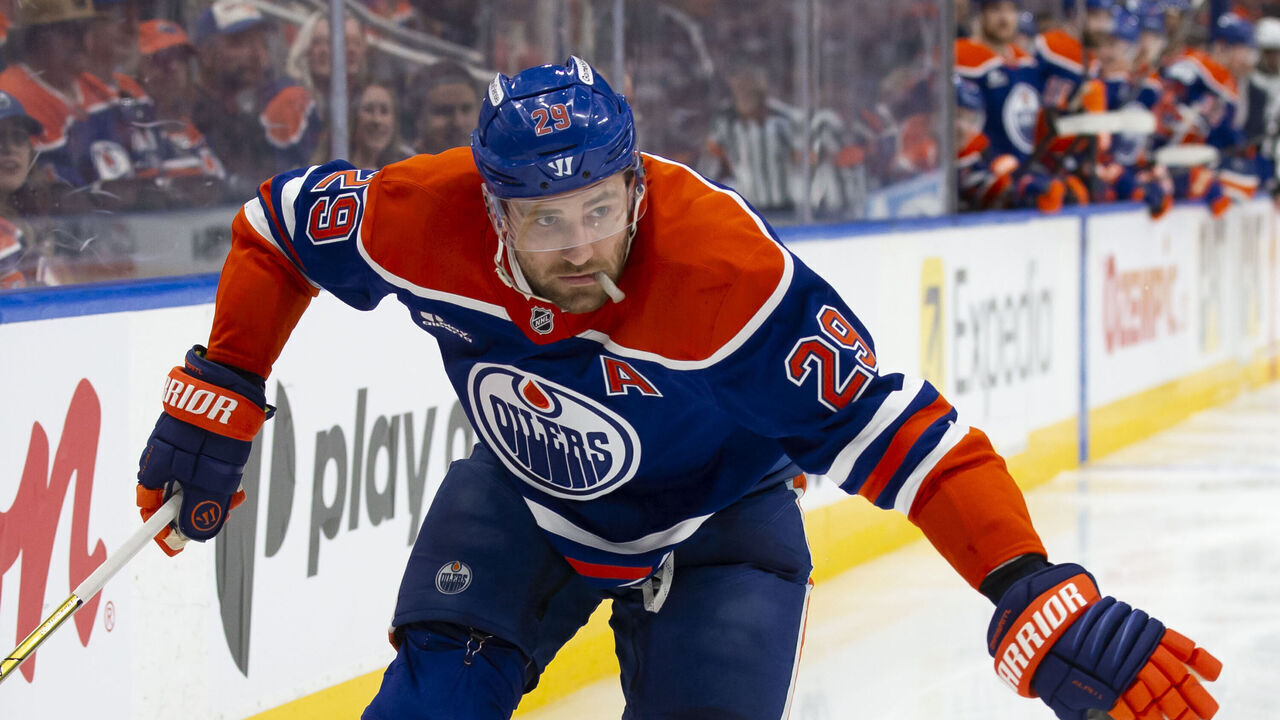 EDMONTON, CANADA - APRIL 25: Leon Draisaitl #29 of the Edmonton Oilers skates against the Los Angeles Kings during the second period in Game Three of the First Round of the 2025 Stanley Cup Playoffs at Rogers Place on April 25, 2025, in Edmonton, Canada.