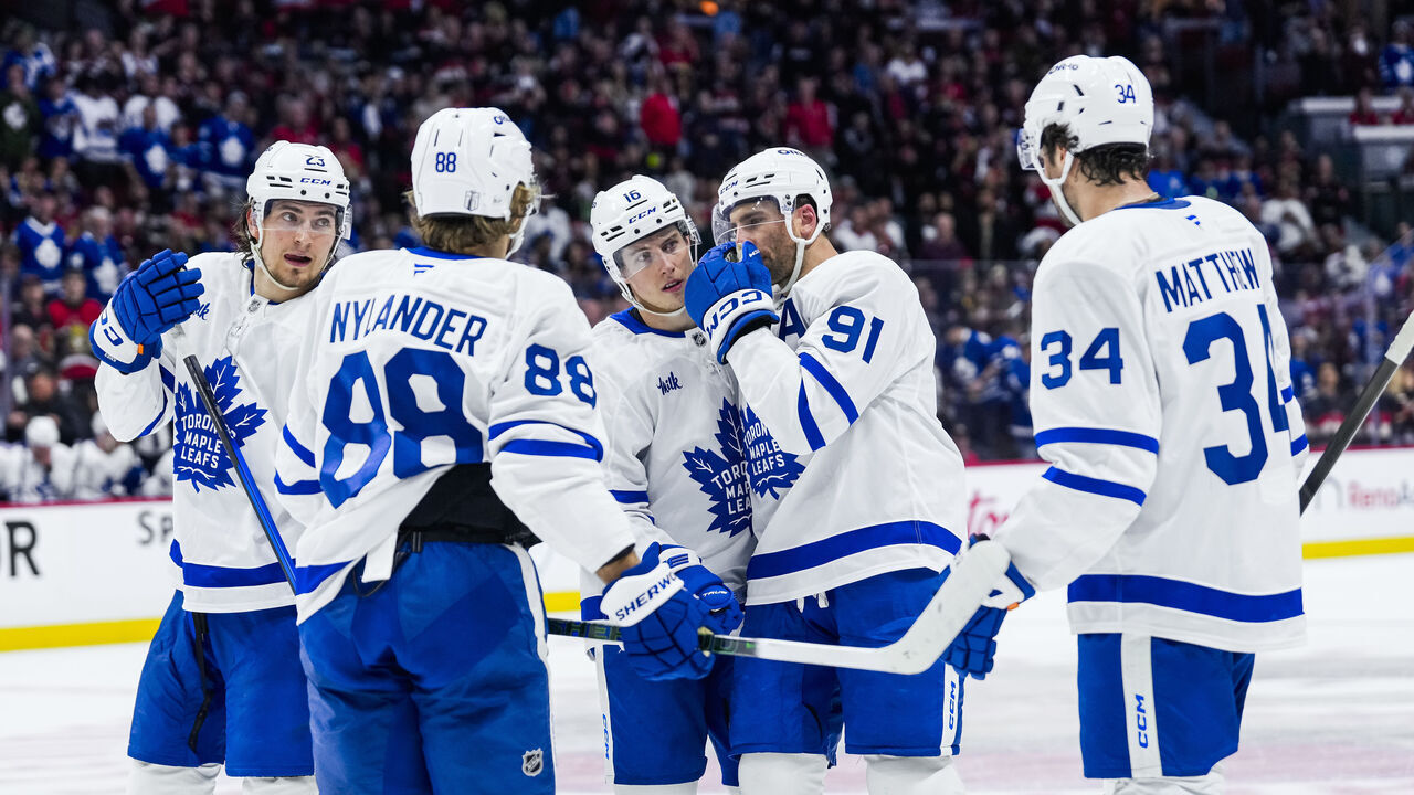 OTTAWA, ON - APRIL 26: Matthew Knies #23, William Nylander #88, Mitch Marner #16. John Tavares #91 and Auston Matthews #34 of the Toronto Maple Leafs speak in a break in play against the Ottawa Senators during the first period in Game Four of the First Round of the 2025 Stanley Cup Playoffs at Canadian Tire Centre on April 26, 2025 in Ottawa, Ontario, Canada.