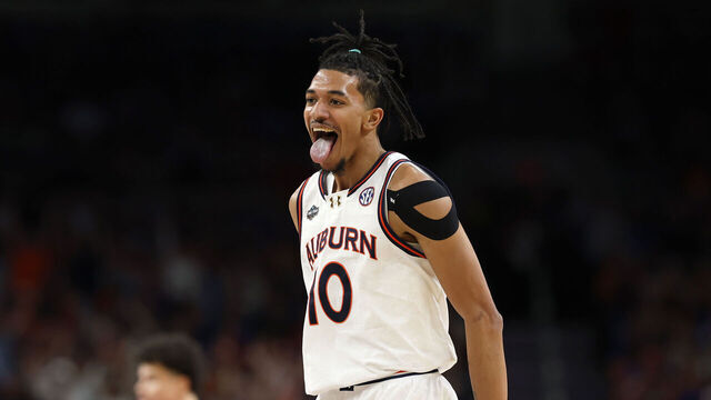 SAN ANTONIO, TEXAS - APRIL 05: Chad Baker-Mazara #10 of the Auburn Tigers reacts during the first half in the Final Four game of the NCAA Men's Basketball Tournament against the Florida Gators at the Alamodome on April 05, 2025 in San Antonio, Texas.