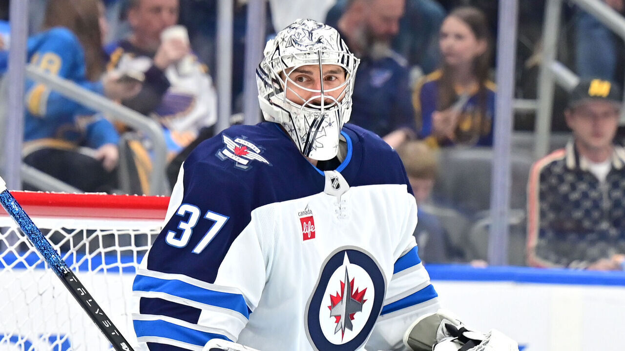 ST. LOUIS, MO - APRIL 27: Winnipeg Jets goaltender Connor Hellebuyck (37) as seen before the Stanley Cup Playoffs round one game four between the Winnipeg Jets and the St. Louis Blues on April 27, 2025, at Enterprise Center, St. Louis, MO.