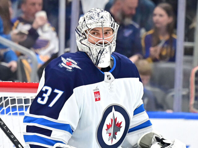 ST. LOUIS, MO - APRIL 27: Winnipeg Jets goaltender Connor Hellebuyck (37) as seen before the Stanley Cup Playoffs round one game four between the Winnipeg Jets and the St. Louis Blues on April 27, 2025, at Enterprise Center, St. Louis, MO.