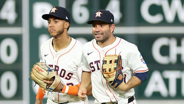 HOUSTON, TEXAS - APRIL 01: Jeremy Pena #3 of the Houston Astros and Jose Altuve #27 of the Houston Astros jog to the dugout after the seventh inning \a at Daikin Park on April 01, 2025 in Houston, Texas.