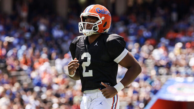 GAINESVILLE, FLORIDA - APRIL 12: DJ Lagway #2 of the Florida Gators looks on during first half of the Florida Orange & Blue Spring Game at Ben Hill Griffin Stadium on April 12, 2025 in Gainesville, Florida.
