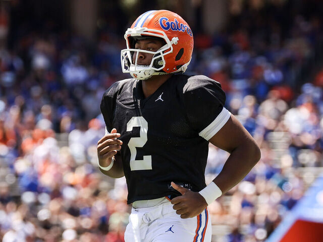 GAINESVILLE, FLORIDA - APRIL 12: DJ Lagway #2 of the Florida Gators looks on during first half of the Florida Orange & Blue Spring Game at Ben Hill Griffin Stadium on April 12, 2025 in Gainesville, Florida.