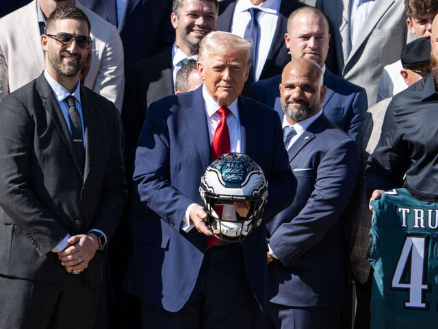 UNITED STATES - APRIL 28: President Donald Trump poses with offensive tackle Lane Johnson, right, and head coach Nick Sirianni, left, during a ceremony with the Philadelphia Eagles, winners of the 2025 Super Bowl, on the South Lawn of the White House on Monday, April 28, 2025. (Tom Williams/CQ-Roll Call, Inc via Getty Images)