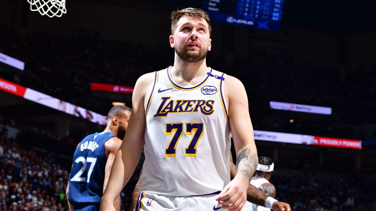 MINNEAPOLIS, MN - APRIL 27: Luka Doncic #77 of the Los Angeles Lakers looks on during the game against the Minnesota Timberwolves during Round 1 Game 4 of the 2025 NBA Playoffs on April 27, 2025 at Target Center in Minneapolis, Minnesota. Mandatory Copyright Notice: Copyright 2025 NBAE
