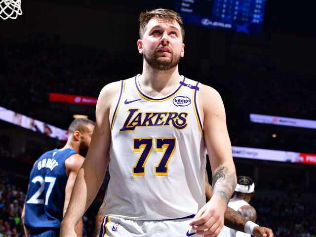 MINNEAPOLIS, MN - APRIL 27: Luka Doncic #77 of the Los Angeles Lakers looks on during the game against the Minnesota Timberwolves during Round 1 Game 4 of the 2025 NBA Playoffs on April 27, 2025 at Target Center in Minneapolis, Minnesota. Mandatory Copyright Notice: Copyright 2025 NBAE