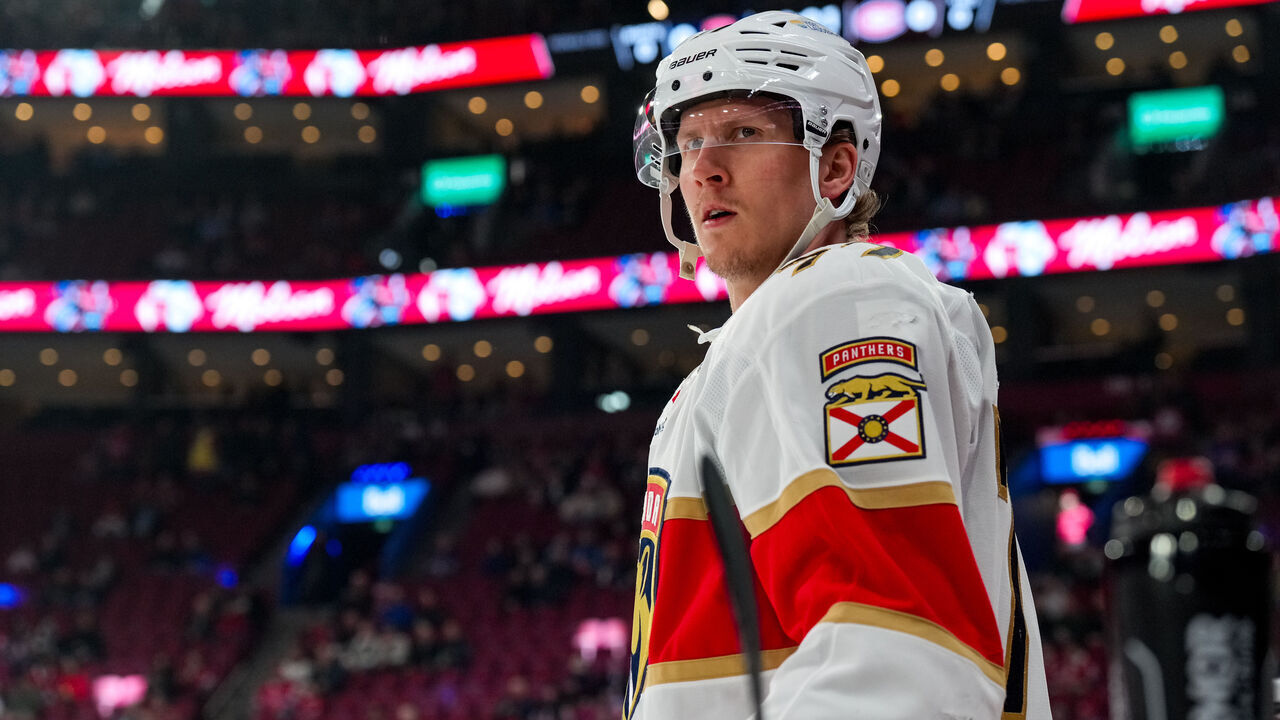 MONTREAL, QUEBEC - APRIL 01: Niko Mikkola #77 of the Florida Panthers looks on before the game against the Montreal Canadiens at Bell Centre on April 01, 2025 in Montreal, Quebec.