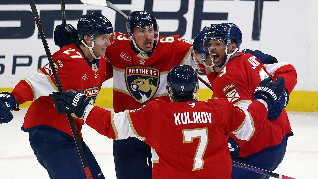 SUNRISE, FLORIDA -APRIL 28: Seth Jones #3 of the Florida Panthers celebrates his game winning goal with teammates in the third period against the Tampa Bay Lightning in Game Four of the First Round of the 2025 Stanley Cup Playoffs at the Amerant Bank Arena on April 28, 2025 in Sunrise, Florida.