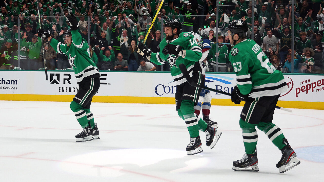 DALLAS, TEXAS - APRIL 28: Wyatt Johnston #53, Jamie Benn #14, and Evgenii Dadonov #63 of the Dallas Stars celebrate a goal against the Colorado Avalanche in the first period of Game Five of the First Round of the 2025 Stanley Cup Playoffs at American Airlines Center at American Airlines Center on April 28, 2025 in Dallas, Texas.