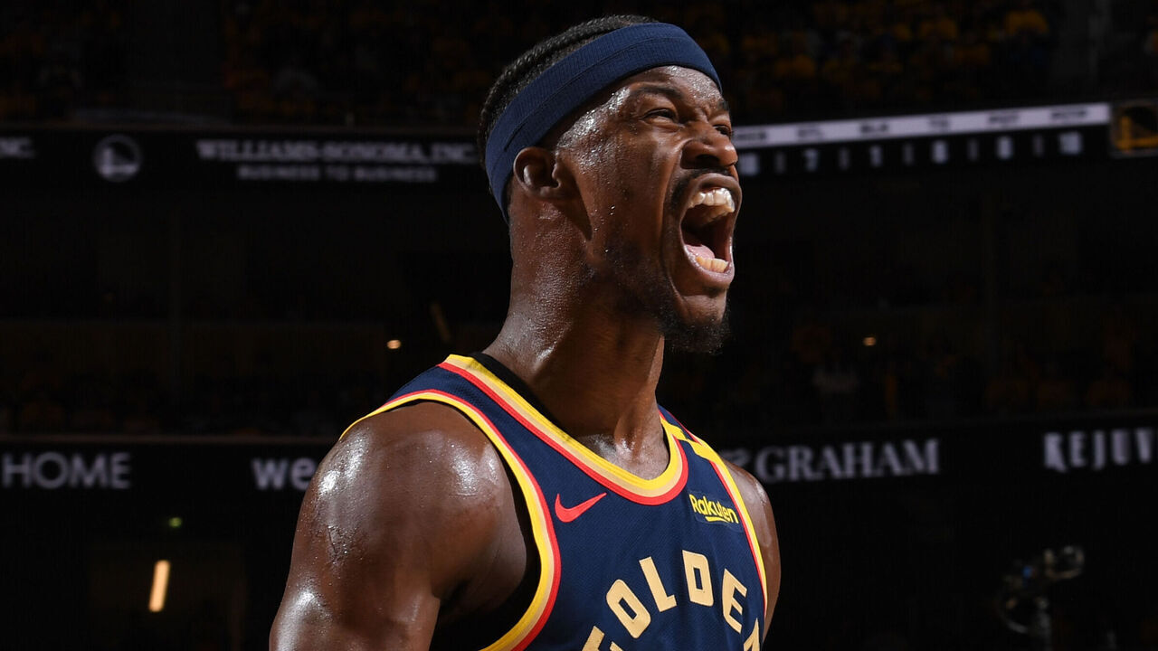 SAN FRANCISCO, CA - APRIL 28: Jimmy Butler #10 of the Golden State Warriors celebrates during the game against the Houston Rockets during Round One Game Four of the 2025 NBA Playoffs on April 28, 2025 at Chase Center in San Francisco, California. NOTE TO USER: User expressly acknowledges and agrees that, by downloading and or using this photograph, user is consenting to the terms and conditions of Getty Images License Agreement. Mandatory Copyright Notice: Copyright 2025 NBAE