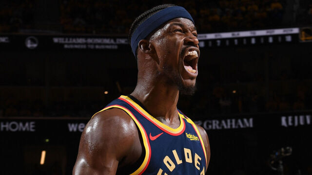 SAN FRANCISCO, CA - APRIL 28: Jimmy Butler #10 of the Golden State Warriors celebrates during the game against the Houston Rockets during Round One Game Four of the 2025 NBA Playoffs on April 28, 2025 at Chase Center in San Francisco, California. NOTE TO USER: User expressly acknowledges and agrees that, by downloading and or using this photograph, user is consenting to the terms and conditions of Getty Images License Agreement. Mandatory Copyright Notice: Copyright 2025 NBAE