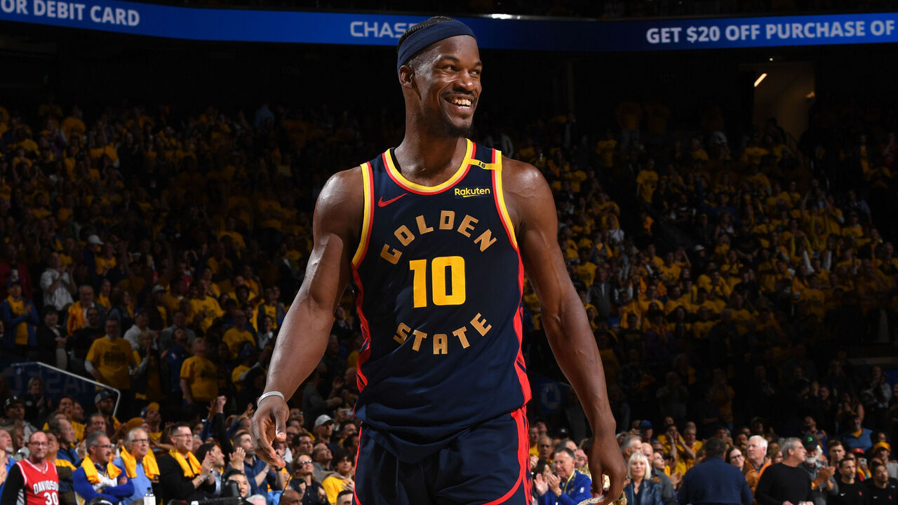 SAN FRANCISCO, CA - APRIL 28: Jimmy Butler #10 of the Golden State Warriors smiles during the game against the Houston Rockets during Round One Game Four of the 2025 NBA Playoffs on April 28, 2025 at Chase Center in San Francisco, California. NOTE TO USER: User expressly acknowledges and agrees that, by downloading and or using this photograph, user is consenting to the terms and conditions of Getty Images License Agreement. Mandatory Copyright Notice: Copyright 2025 NBAE