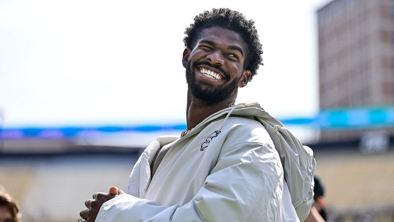 BOULDER, CO - APRIL 19: Former Colorado Buffaloes quarterback Shedeur Sanders looks on during a ceremony to retire his jersey before the Black and Gold Spring Game at Folsom Field on April 19, 2025 in Boulder, Colorado.