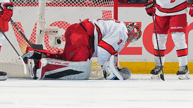 NEWARK, NJ - APRIL 27: Frederik Andersen #31 of the Carolina Hurricanes injured on the ice during the second period of Game Four of the First Round of the 2025 Stanley Cup Playoffs against New Jersey Devils at Prudential Center on April 27, 2025 in Newark, New Jersey.
