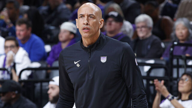 SACRAMENTO, CA - APRIL 16: Head Coach Doug Christie of the Sacramento Kings looks on during the game against the Dallas Mavericks during the 2025 SoFi Play-In Tournament on April 16, 2025 at Golden 1 Center in Sacramento, California. Mandatory Copyright Notice: Copyright 2025 NBAE