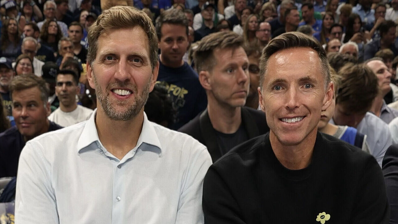 DALLAS, TX - JUNE 12: Dirk Nowitzki and Steve Nash attend the game between the Boston Celtics and the Dallas Mavericks during Game 3 of the 2024 NBA Finals on June 12, 2024 at the American Airlines Center in Dallas, Texas. Mandatory Copyright Notice: Copyright 2024 NBAE