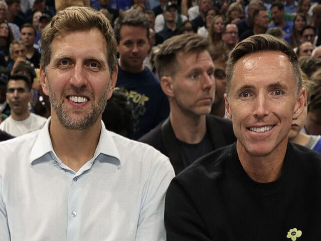 DALLAS, TX - JUNE 12: Dirk Nowitzki and Steve Nash attend the game between the Boston Celtics and the Dallas Mavericks during Game 3 of the 2024 NBA Finals on June 12, 2024 at the American Airlines Center in Dallas, Texas. Mandatory Copyright Notice: Copyright 2024 NBAE