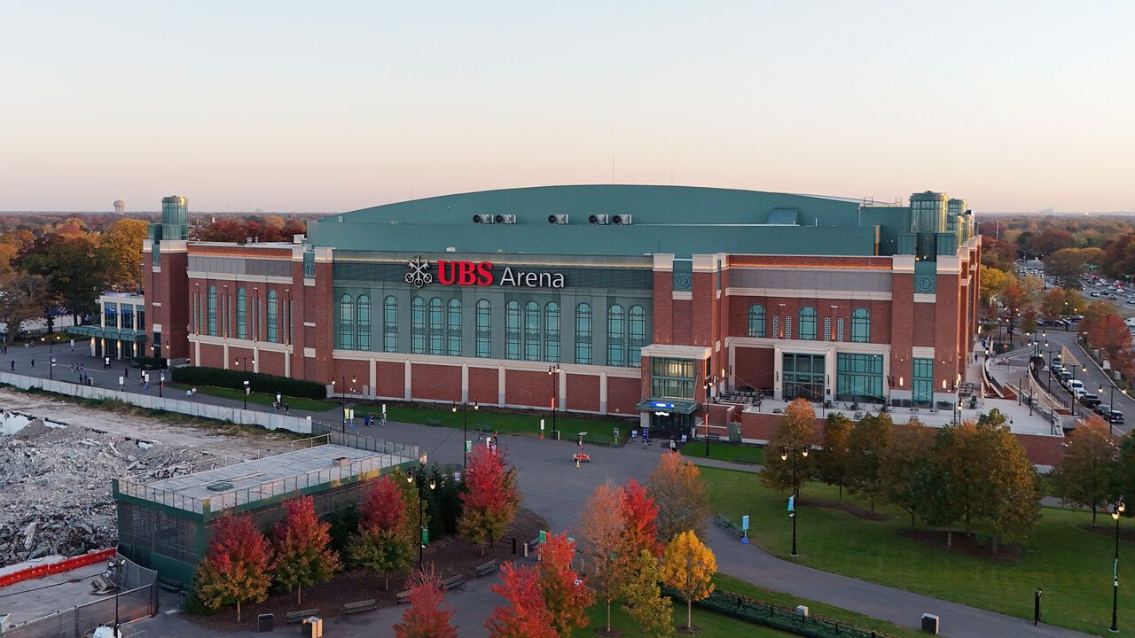 ELMONT, NEW YORK - OCTOBER 22: An aerial view of the arena prior to the game between the New York Islanders and the Detroit Red Wings at UBS Arena on October 22, 2024 in Elmont, New York.