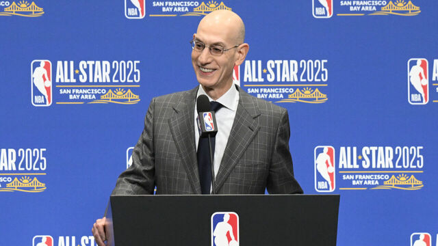 SAN FRANCISCO, CA - FEBRUARY 15: NBA Commissioner Adam Silvers speaks to the media during the State Farm All-Star Saturday as part of NBA All-Star Weekend on Saturday, February 15, 2025 at Chase Center in San Francisco, California. NOTE TO USER: User expressly acknowledges and agrees that, by downloading and/or using this Photograph, user is consenting to the terms and conditions of the Getty Images License Agreement. Mandatory Copyright Notice: Copyright 2025 NBAE