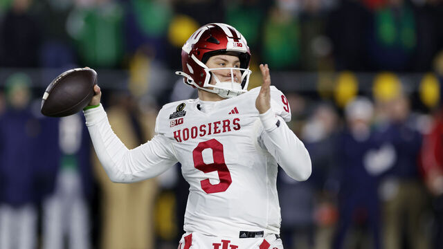 SOUTH BEND, IN - DECEMBER 20: Indiana Hoosiers quarterback Kurtis Rourke (9) passes the ball during the CFP First Round game against the Notre Dame Fighting Irish on December 20, 2024 at Notre Dame Stadium in South Bend, Indiana.