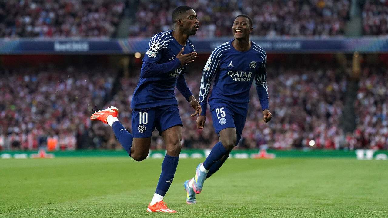 Paris Saint Germain's Ousmane Dembele (left) celebrates scoring their side's first goal of the game during the UEFA Champions League semi final, first leg match at the Emirates Stadium, London. Picture date: Tuesday April 29, 2025.