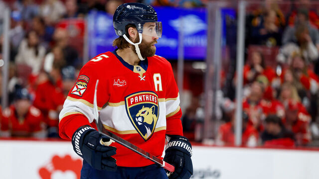 SUNRISE, FL - MARCH 01: Florida Panthers Defenseman Aaron Ekblad (5) looks on during the second period at the game between the Calgary Flames and the Florida Panthers on Saturday March 1, 2025 at Amerant Bank Arena in Sunrise, Fla.