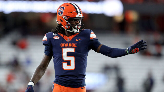 SYRACUSE, NEW YORK - NOVEMBER 25: Damien Alford #5 of the Syracuse Orange lines up during the fourth quarter against the Wake Forest Demon Deacons at JMA Wireless Dome on November 25, 2023 in Syracuse, New York.