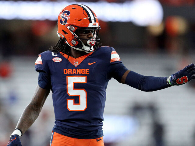 SYRACUSE, NEW YORK - NOVEMBER 25: Damien Alford #5 of the Syracuse Orange lines up during the fourth quarter against the Wake Forest Demon Deacons at JMA Wireless Dome on November 25, 2023 in Syracuse, New York.