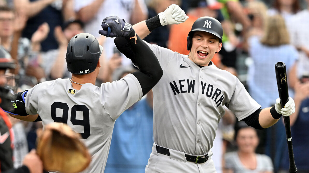 BALTIMORE, MARYLAND - APRIL 29: Aaron Judge #99 of the New York Yankees celebrates with Ben Rice #22 after hitting a home run in the first inning against the Baltimore Orioles at Oriole Park at Camden Yards on April 29, 2025 in Baltimore, Maryland.