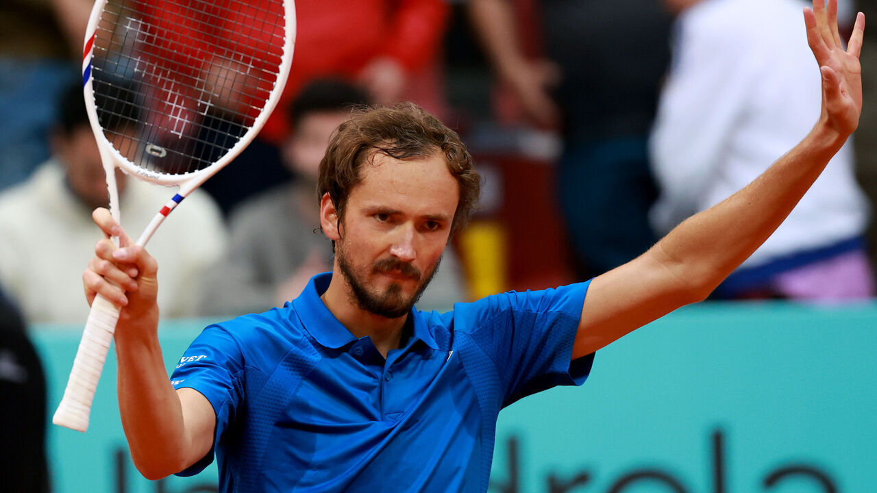 MADRID, SPAIN - APRIL 29: Daniil Medvedev acknowledges the crowd following victory against Brandon Nakashima of the United States during the Men's Singles Round of 16 match on Day Eight of the Mutua Madrid Open at La Caja Magica on April 29, 2025 in Madrid, Spain.