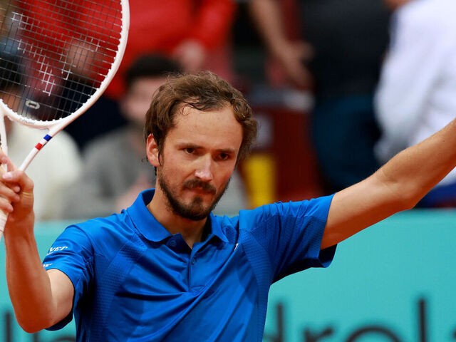MADRID, SPAIN - APRIL 29: Daniil Medvedev acknowledges the crowd following victory against Brandon Nakashima of the United States during the Men's Singles Round of 16 match on Day Eight of the Mutua Madrid Open at La Caja Magica on April 29, 2025 in Madrid, Spain.