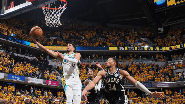 INDIANAPOLIS, IN - APRIL 29: Tyrese Haliburton #0 of the Indiana Pacers shoots the game winning shot during Round One, Game Five of the 2025 NBA Playoffs against the Milwaukee Bucks on April 29, 2025 at Gainbridge Fieldhouse in Indianapolis, Indiana. Mandatory Copyright Notice: Copyright 2025 NBAE